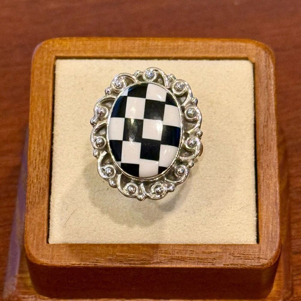 Trendy Southwest Oval Onyx Checkerboard Sterling Silver Boho Adjustable Ring